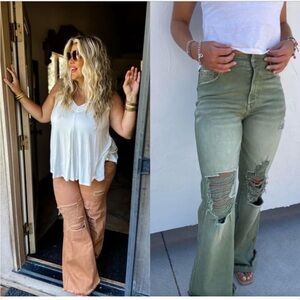Blakeley Olive Distressed Women's Wide Leg Flare Jeans